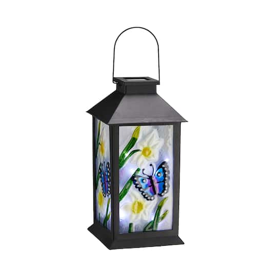 Glitzhome&#xAE; 11&#x22; Glass with Butterfly &#x26; Flower Pattern Solar Powered Hanging Lantern